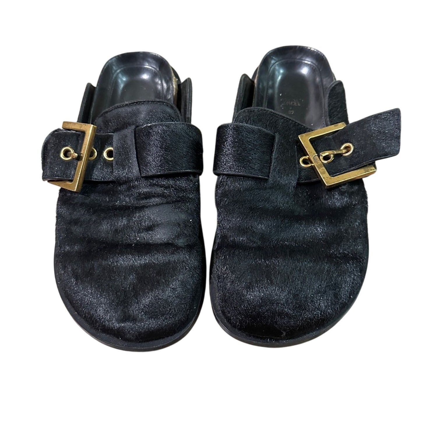 Zara black leather calf hair slides size 7