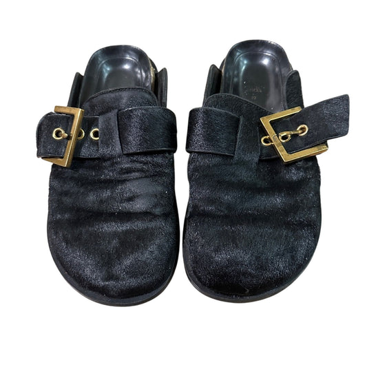 Zara black leather calf hair slides size 7