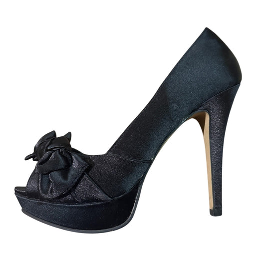 Aldo black platform satin opens toe heels with bow detail size 37/7