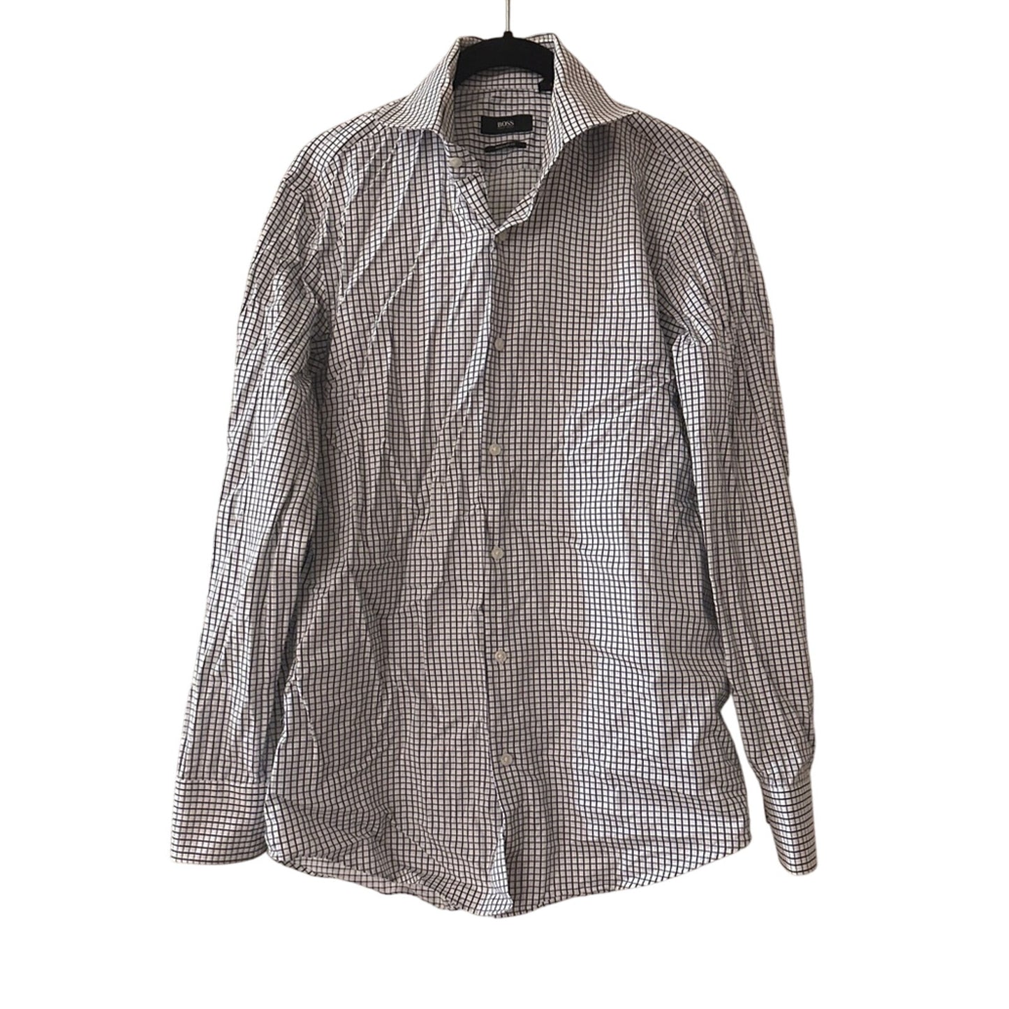 Hugo boss blue and white checkered print button down shirt size 15in