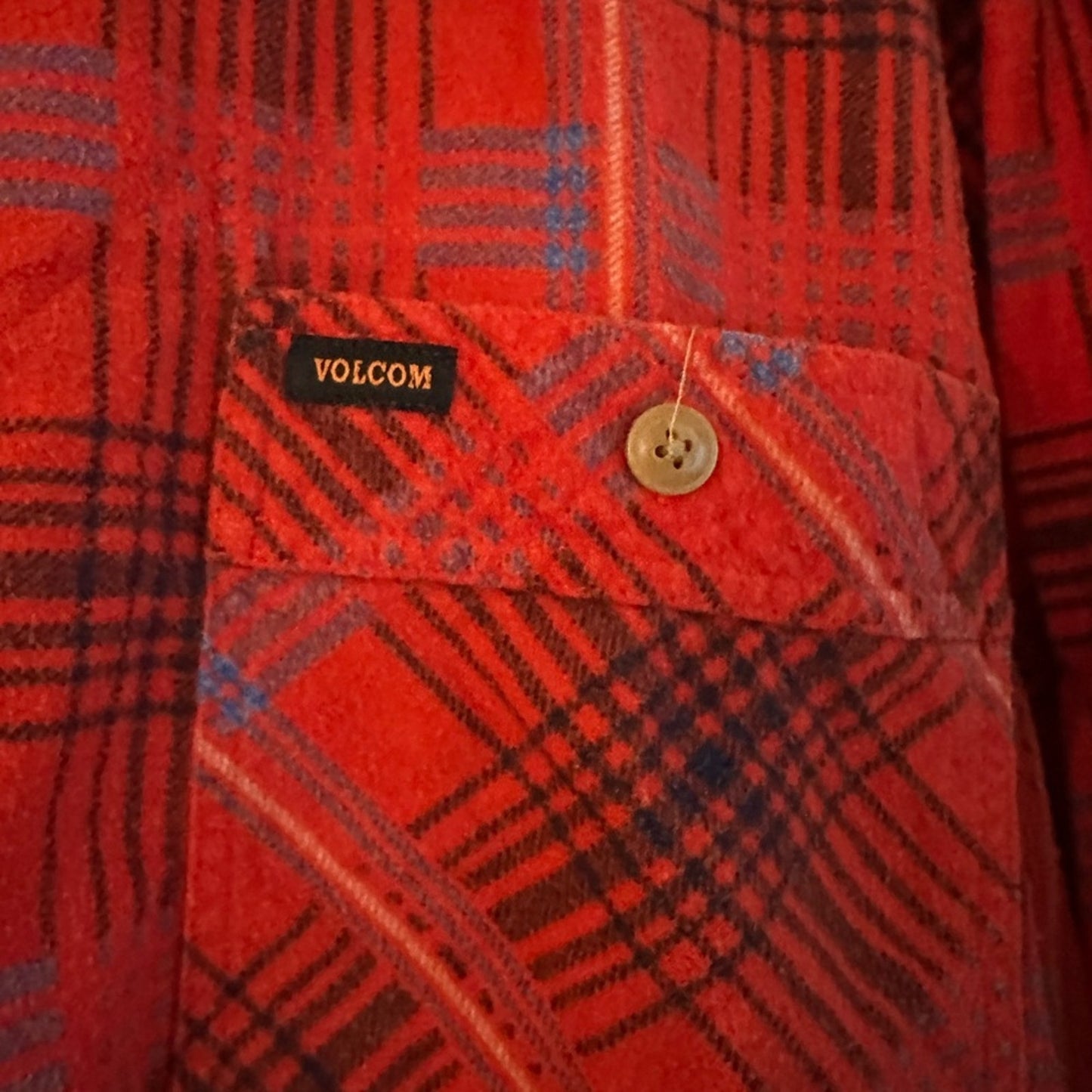 Volcom red plaid denim button down shirts size small