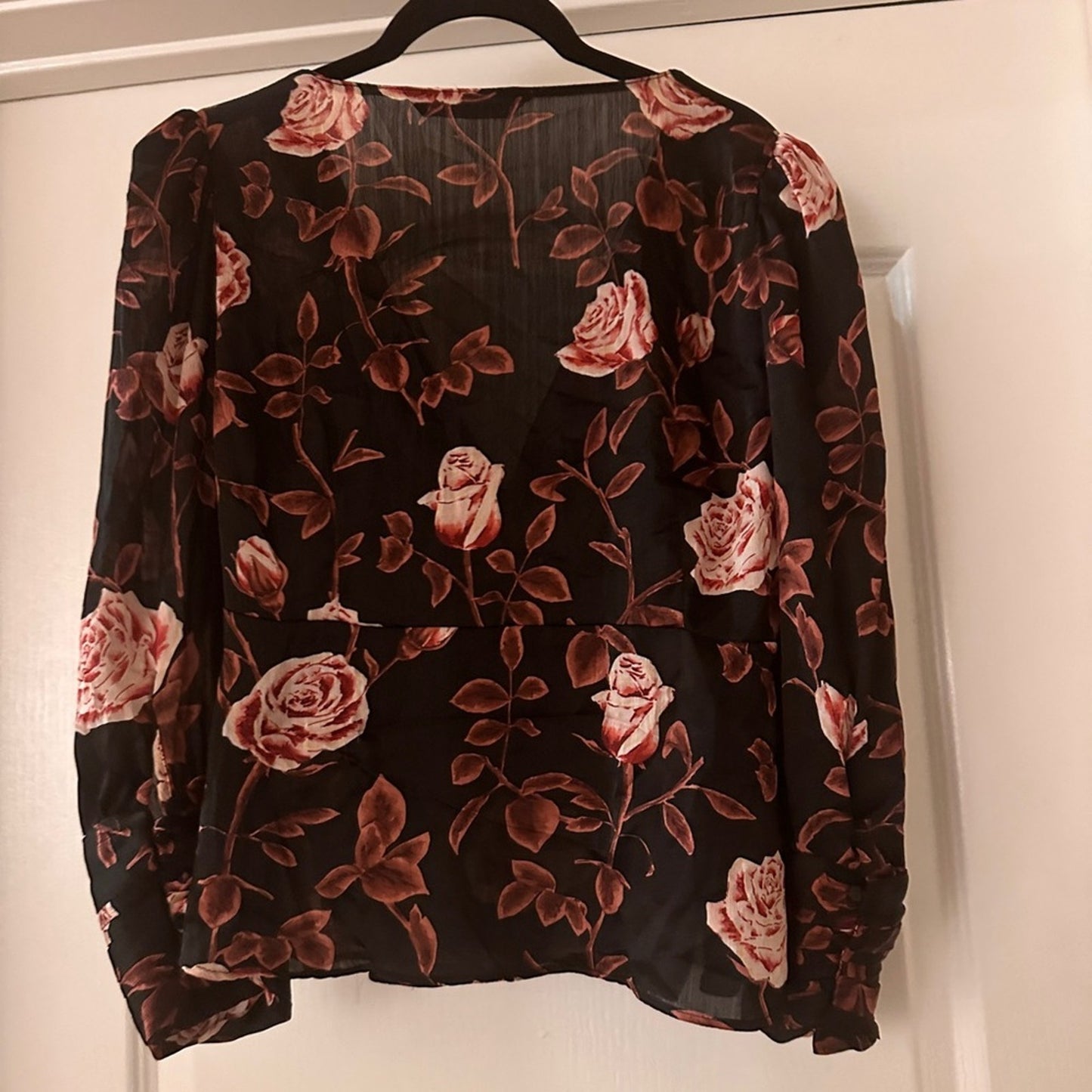 Zara black and pink floral print satin blouse size large